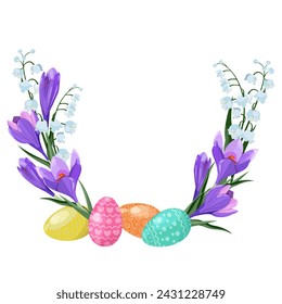 Vector Easter wreath of Easter eggs, crocus flowers and lily of the valley on a isolated background. Easter greeting card. Illustration.