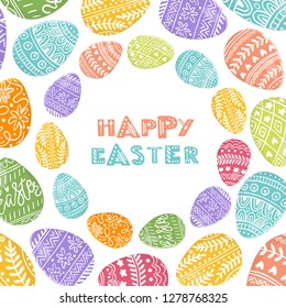 Vector Easter wreath with easter eggs hand drawn. Decorative doodle frame from Easter colorful eggs. Easter eggs with ornaments in circle shape. 