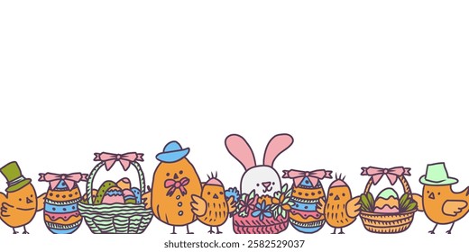 Vector Eastern banner of decorative  doodles Eastern eggs, rabbits, spring flowers and chickens