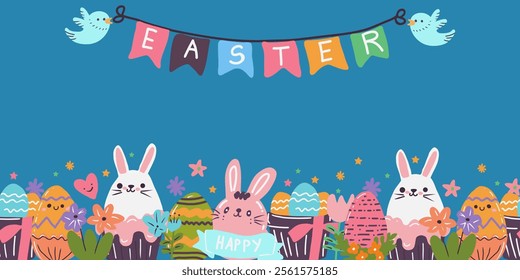 Vector Eastern banner of decorative Eastern eggs, rabbits, spring flowers and text Easter.