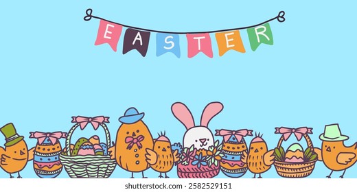 Vector Eastern banner of decorative Eastern eggs, rabbits, chickens and text Easter.
