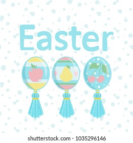 Vector Eastern greeting card. Happy Easter print, poster with cute eggs and beads