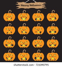 Vector Easy-To-Use 16 Flat Emoticons Of Jack O' Lantern As Glowing Candle Inside Pumpkin Heads On Black Background With  Happy Halloween Plank Hung Above For Scary & Funny Facial Expressions