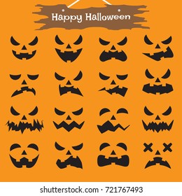 Vector Easy-To-Use 16 Flat Emoticons Of Ghost Facial Expressions As Black Eye, Nose, Mouth On Orange Background With  Happy Halloween Plank Hung Above For Scary & Funny Reactions