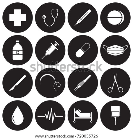 Vector Easy-To-Use 16 White Medical Flat Icons In Front Of Black Circles On White Background Categorized Into Four Groups, Check up, Pharmaceutical, Surgery, And Healing. 