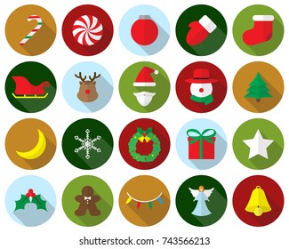 Vector Easy-To-Use 20 Colorful Merry Christmas Flat Icons With Reindeer, Santa Claus , Snowman Involving In Decoration, Dessert, Winter, Party, Present, Fun, Character, Cartoon On White Background