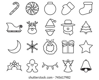Vector Easy-To-Use 20 Merry Christmas Isolated Line Icons With Reindeer, Santa Claus , Snowman Involving In Decoration, Dessert, Winter, Party, Present, Fun, Character, Cartoon On White Background