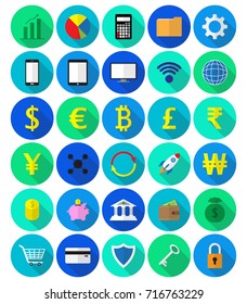 Vector Easy-To-Use 30 Colorful Fintech Flat Icons Including Multiple Currencies On White Background Involving In Financial Technology, Banking, Saving, Transferring And Investment