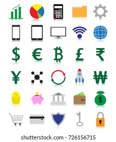 Vector Easy-To-Use 30 Colorful Fintech Flat Icons With Reflection Including Multiple Currencies On White Background Involving In Financial Technology, Banking, Saving, Transferring And Investment