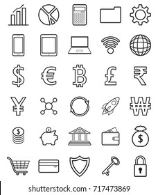 Vector Easy-To-Use 30 Fintech Line Icons Including Multiple Currencies On White Background Involving In Financial Technology, Banking, Saving, Transferring And Investment