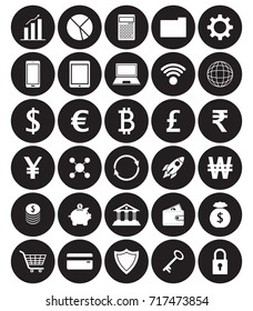 Vector Easy-To-Use 30 White Fintech Flat Icons Including Multiple Currencies On White Background Involving In Financial Technology, Banking, Saving, Transferring And Investment