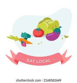 Vector Eat Local food design concept poster. Delivery Healthy Organic food cute illustration. Carrot, tomato, salad. square abstract poster art with pink ribbon. 