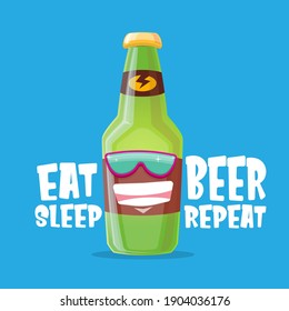 Vector Eat sleep beer repeat vector concept illustration or summer poster with cartoon funky beer bottle character with sunglasses isolated on blue background. Vector funny beer label or poster design
