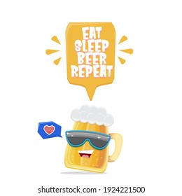 Vector Eat sleep beer repeat vector concept illustration or summer poster with cartoon funky beer mug character with sunglasses isolated on white background. Vector funny beer label or poster design