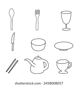 Vector Eating and Drinking Equipment. There are spoons, forks, glasses, knives, bowls, plates, chopsticks and teapots