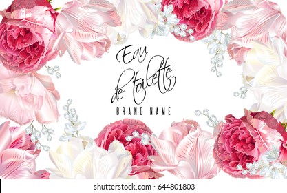 Vector eau de toilette luxury banner with garden roses and tulip flowers frame on white background. Can be used as floral design for perfume, health care products, greeting card, chocolate packaging