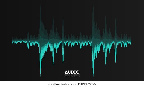 Vector echo audio wavefrom. Abstract music waves oscillation. Futuristic sound wave visualization. Synthetic music technology sample. Cyan tune print with bars