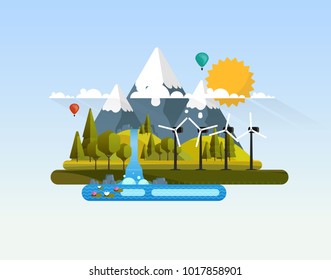 Vector Eco Abstract Flat Design Landscape with Wind Turbine.