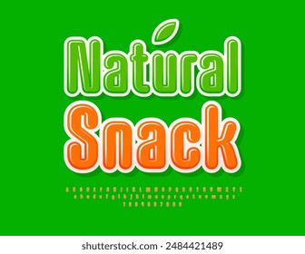 Vector eco advertisement Natual Snack. Creative glossy Font. Bright Alphabet Letters and Numbers set. 