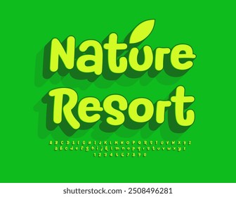 Vector eco advertisement Nature Resort. Funny Bright 3D Font. Creative Alphabet Letters and Numbers set.