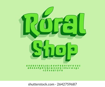 Vector Eco Advertisement Rural Shop. Green Comic Font. Creative 3D Alphabet Letters and Numbers set.