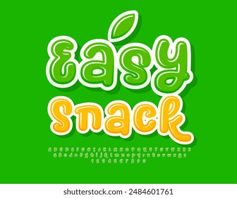 Vector eco advertising Easy Snac. Green Glossy Font. Playful bright Alphabet Letters and Numbers set.