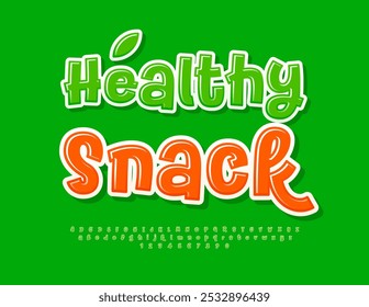 Vetor eco publicidade Healthy Snack. Fonte Brilhante Engraçada. Letras e Números do Alfabeto Criativo definidos.