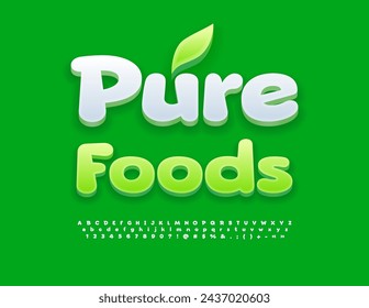 Vector eco badge Pure Foods. Creative White 3D Font. Nice Alphabet Letters and Numbers.