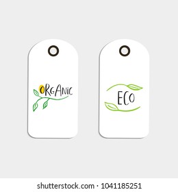 Vector eco badge or tag, bio green logo. Vegan sign for cafe, restaurants, products packaging. Hand drawn leaves, branches, plant elements with lettering. Organic design template.