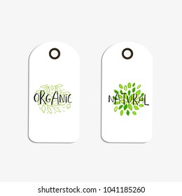 Vector eco badge or tag, bio green logo. Vegan sign for cafe, restaurants, products packaging. Hand drawn leaves, branches, plant elements with lettering. Organic design template.