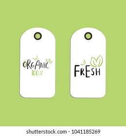 Vector eco badge or tag, bio green logo. Vegan sign for cafe, restaurants, products packaging. Hand drawn leaves, branches, plant elements with lettering. Organic design template.