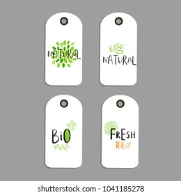 Vector eco badge or tag, bio green logo. Vegan sign for cafe, restaurants, products packaging. Hand drawn leaves, branches, plant elements with lettering. Organic design template.