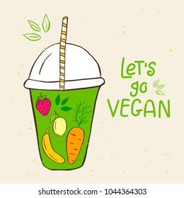 Vector eco badge or tag, bio green logo. Vegan sign for cafe, restaurants, products packaging. Hand drawn jar with smoothies,  leaves, branches, plant elements with lettering. Organic design template.