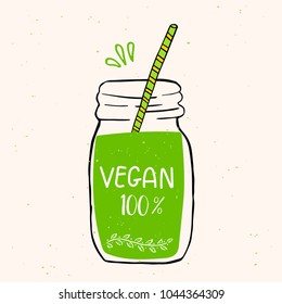 Vector eco badge or tag, bio green logo. Vegan sign for cafe, restaurants, products packaging. Hand drawn jar with smoothies,  leaves, branches, plant elements with lettering. Organic design template.
