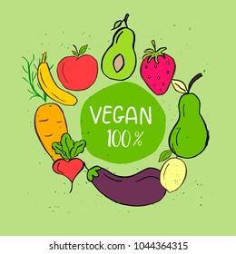 Vector eco badge or tag, bio green logo. Vegan sign for cafe, restaurants, products packaging. Hand drawn leaves, branches, plant elements with lettering. Organic design template.