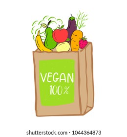 Vector eco badge or tag, bio green logo. Vegan sign for cafe, restaurants, products packaging. Hand drawn shopping bag, leaves with lettering. Organic design template.