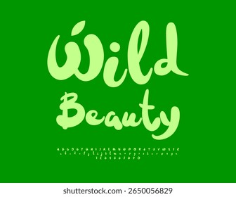 Vector Eco badge Wild Beauty. Green Playful Font. Fashion Minimal Alphabet Letters and Numbers set.