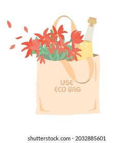 Vector Eco bag fabric material. Friendly to earth pack. Tote bag eco lettering sign on shopping empty bag flat illustration. Shopping wine and flowers. Sign Go green, no plastic, save the planet.