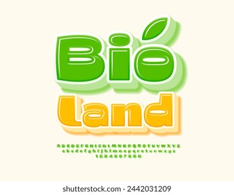 Vector eco banner Bio Land with decorative Lead. 3D green Font. Bold Alphabet Letters and Numbers.