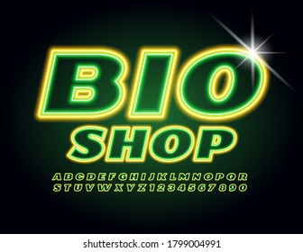 Vector eco banner Bio Shop. Green and Yellow Neon Font. Glowing light Alphabet Letters and Numbers set