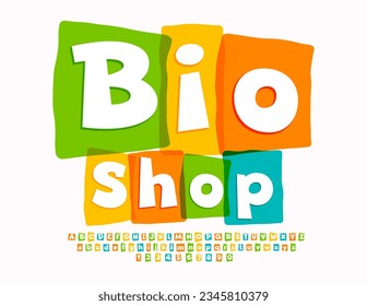 Vector eco Banner Bio Shop. Bright Watercolor Font. Artistic Alphabet Letters, Numbers and Symbols