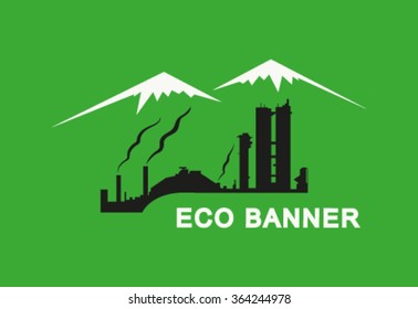  Vector eco banner. Black metallic constructions of plant. Snowy peaks of mountains behind.