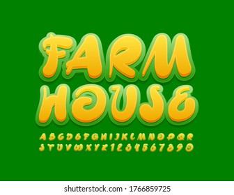 Vector eco banner Farm House with Artistic Font. Yellow and Green creative Alphabet Letters and Numbers