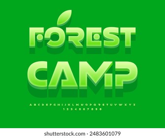Vector eco banner Forest Camp. Futuristic Green Font. Artistic 3D Alphabet Letters and Numbers