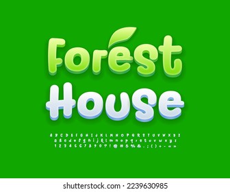 Vector eco banner Forest House.  Funny white 3D Font. Creative handwritten Alphabet Letters, numbers and Symbols set