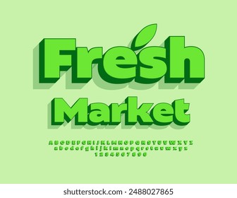 Vector eco banner Fresh Market. Modern Bright Font. Creative 3D Alphabet Letters and Numbers set.