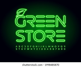 Vector eco banner Green Store with Decorative Leaf. Light Tube Font. Neon techno style Alphabet Letters and Numbers set