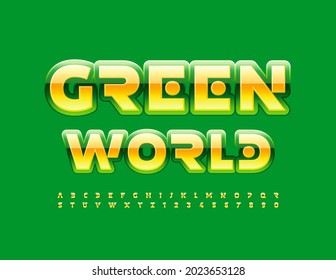 Pancarta de Vector Eco Mundo Verde. Futurista fuente brillante. Conjunto de letras y números de alfabeto de estilo creativo