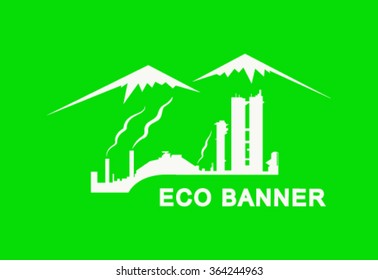  Vector eco banner. Metallic constructions of plant. Snowy peaks of mountains behind.