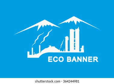  Vector eco banner. Metallic constructions of plant. Snowy peaks of mountains behind. Blue background.